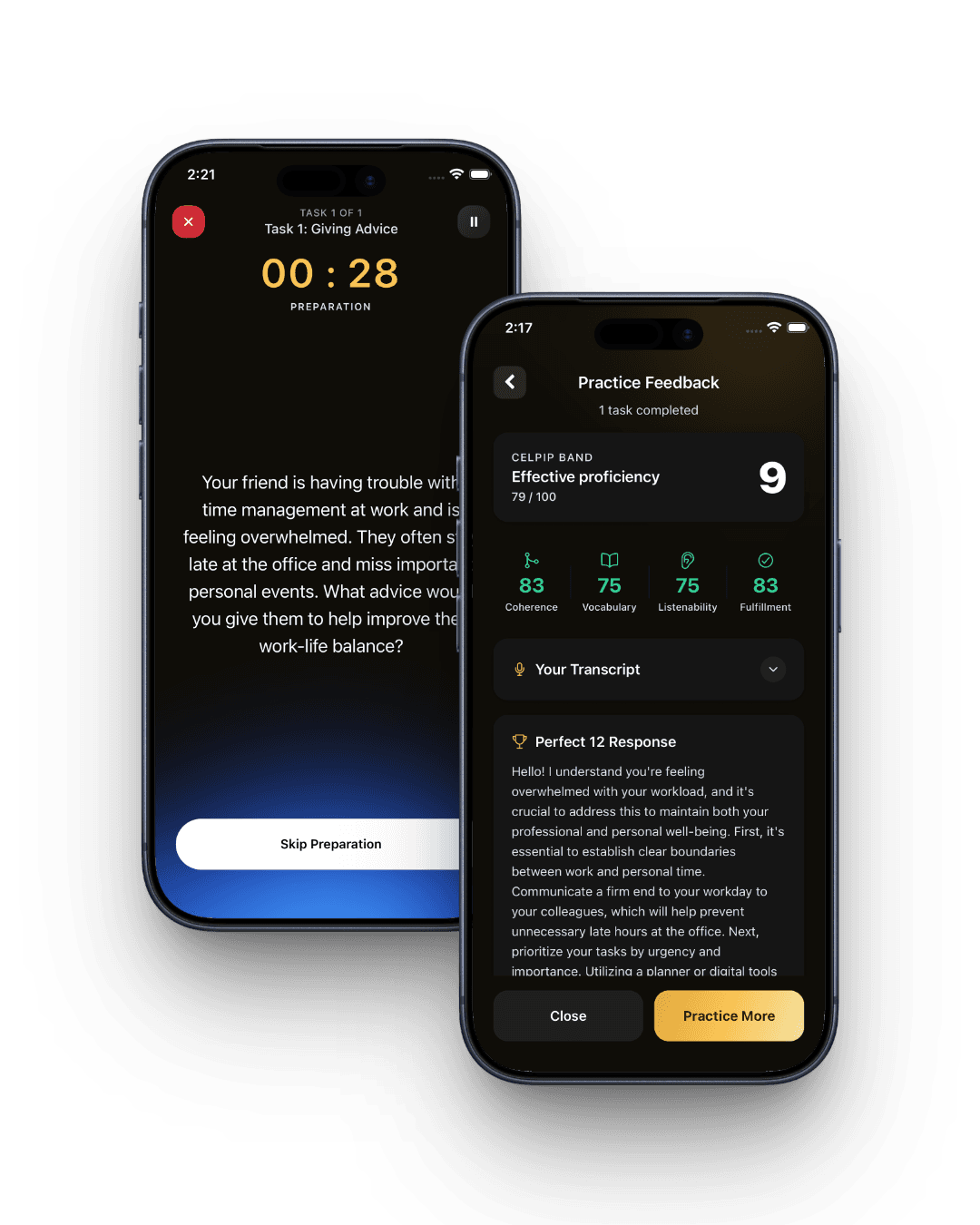 CELPIP Speaking Preparation app showing preparation timer and AI feedback with CELPIP Band 9 score